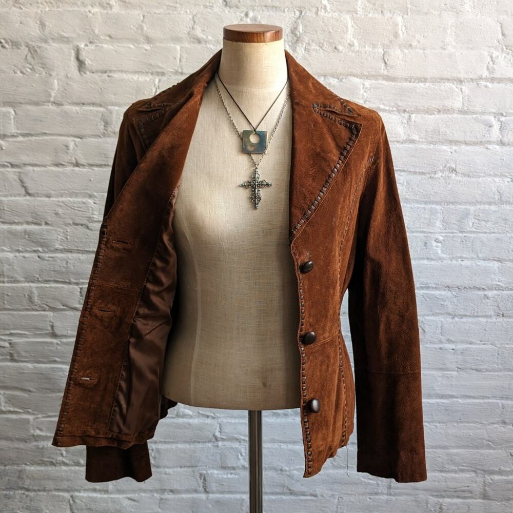 Y2K Brown Suede Leather Jacket Boho Western Minimalist Rust Biker Cowgirl Blazer - Picture 5 of 10